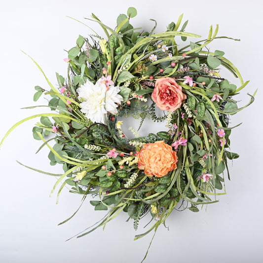 Front Door Wreath | Spring Wreath | 24inch Wreath | white dahlia, pink peony, orange peony